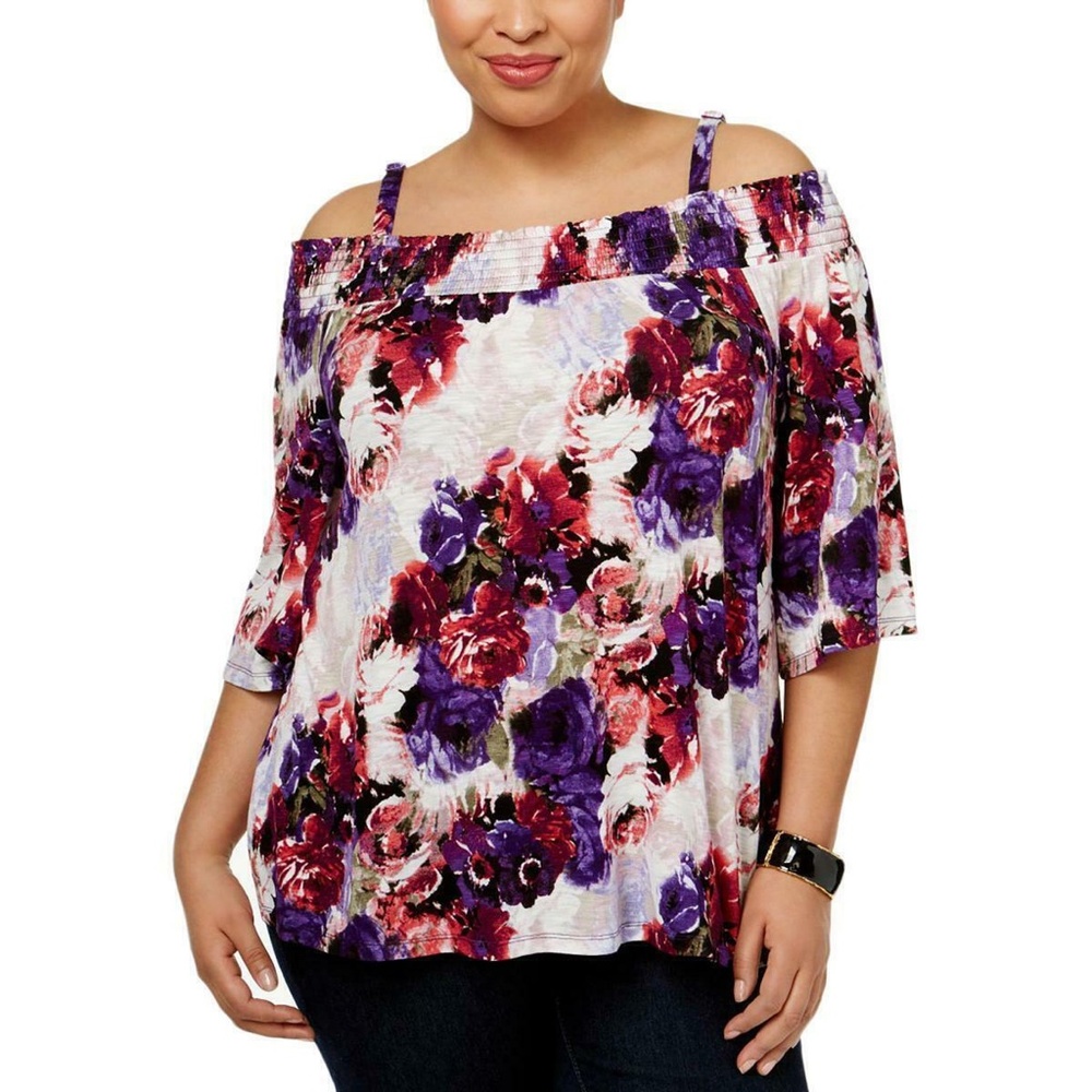 INC Women's NEW Pink/Purple Floral Off-The-Shoulder Peasant Top Plus Sizes 0X/1X